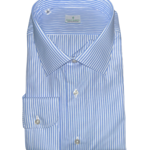 Camicia in puro cotone rigato azzurro con collo classico Made in Italy