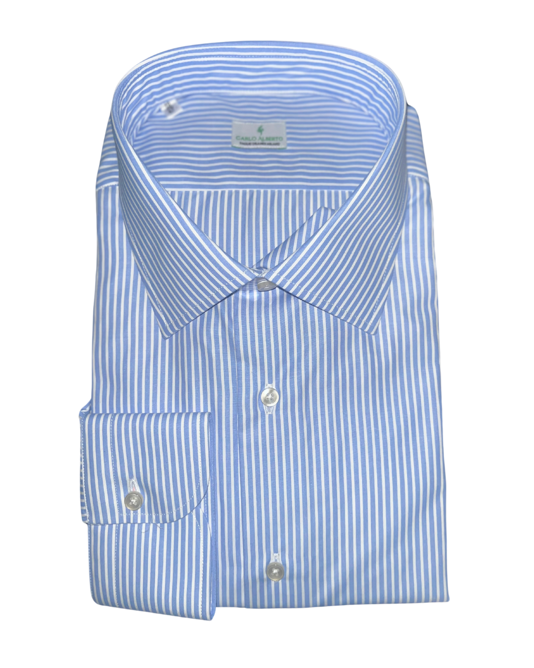 Camicia in puro cotone rigato azzurro con collo classico Made in Italy