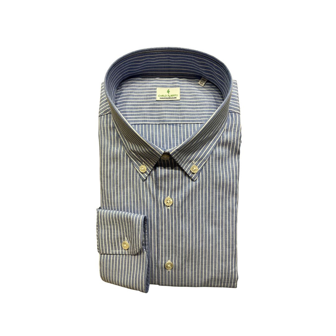 Camicia in tessuto doppio ritorto rigata blu con collo classico Made in Italy - immagine 2