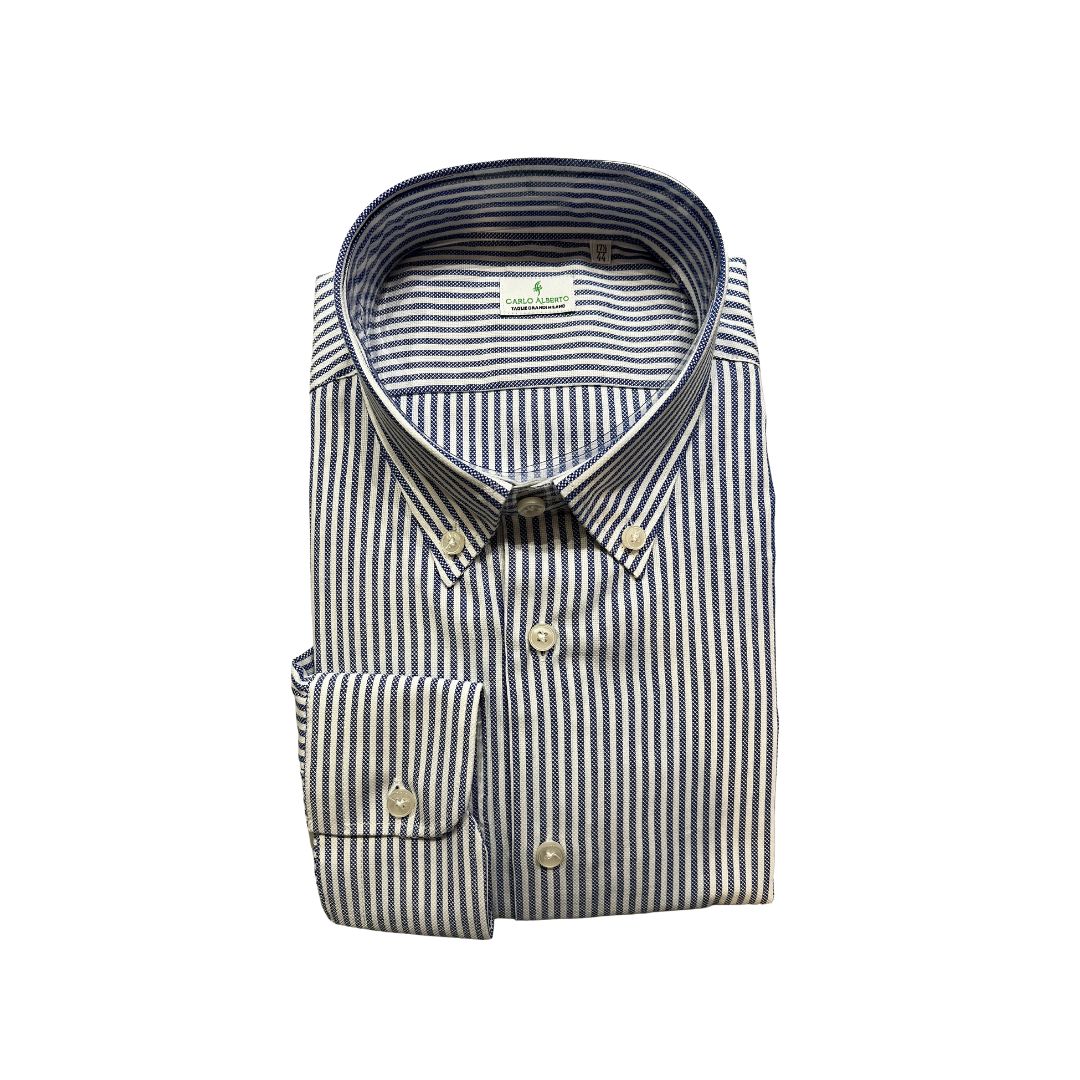 Camicia in tessuto doppio ritorto rigata blu con collo classico Made in Italy
