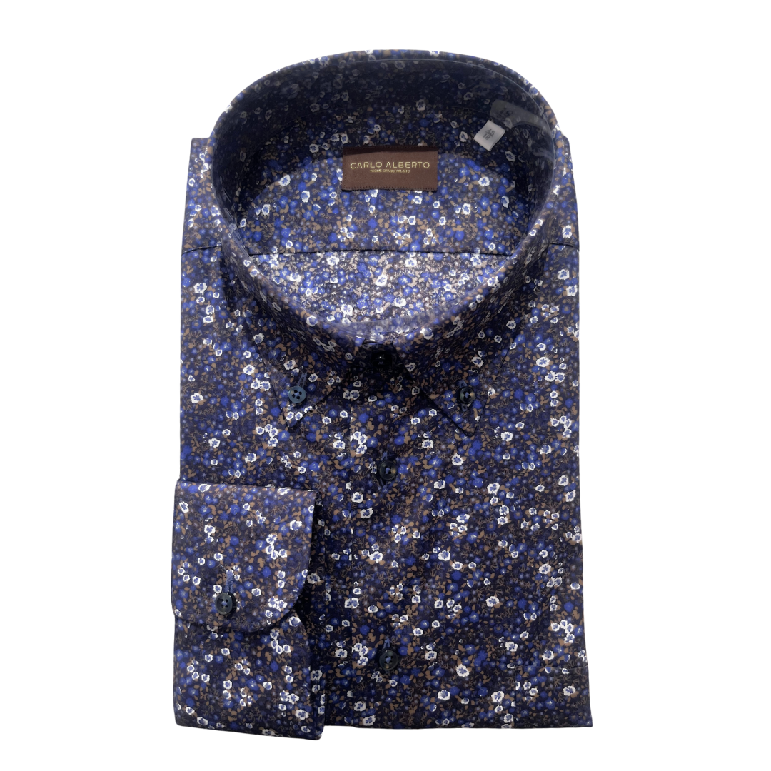 Camicia in cotone elasticizzato con fantasia micro floreale Made in Italy